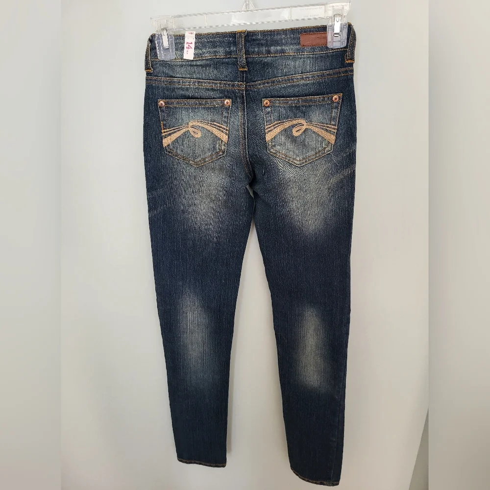 Justice Premier Jeans Girls 14 Slim 14S Dark Wash Super Skinny Denim Jeans Patch